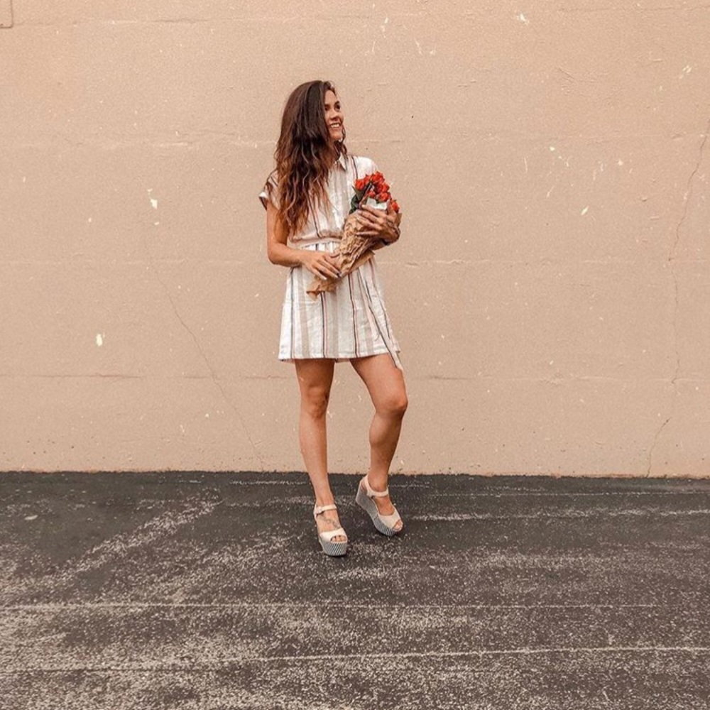 blush pink belted mini dress with stripes